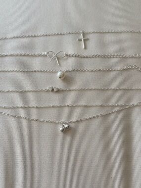 Lot of 5 Silver Charm Bracelet Set with Cross, Bow and Heart Accents - Silver